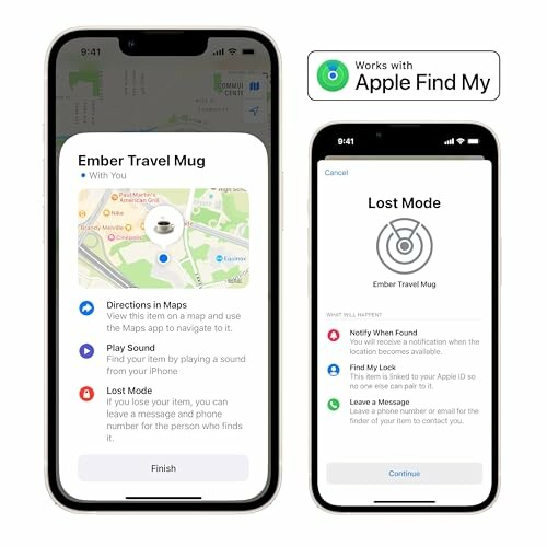 Two smartphone screens showing Apple Find My app with Ember Travel Mug tracking and settings.