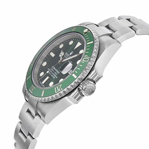 Silver watch with green bezel and metal bracelet