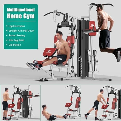 Multifunctional home gym with man demonstrating exercises.