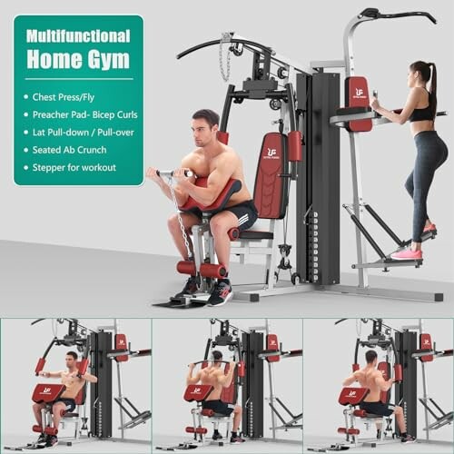 Multifunctional home gym equipment with various workout stations.