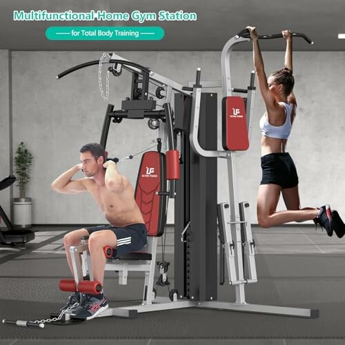 Man and woman using a multifunctional home gym station for exercise.