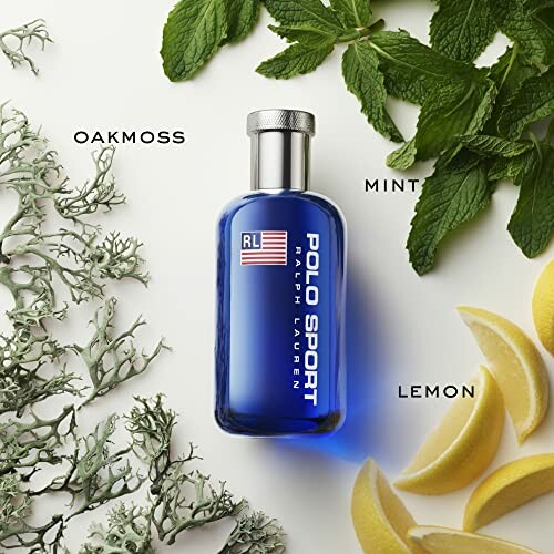 Polo Sport fragrance bottle with oakmoss, mint, and lemon